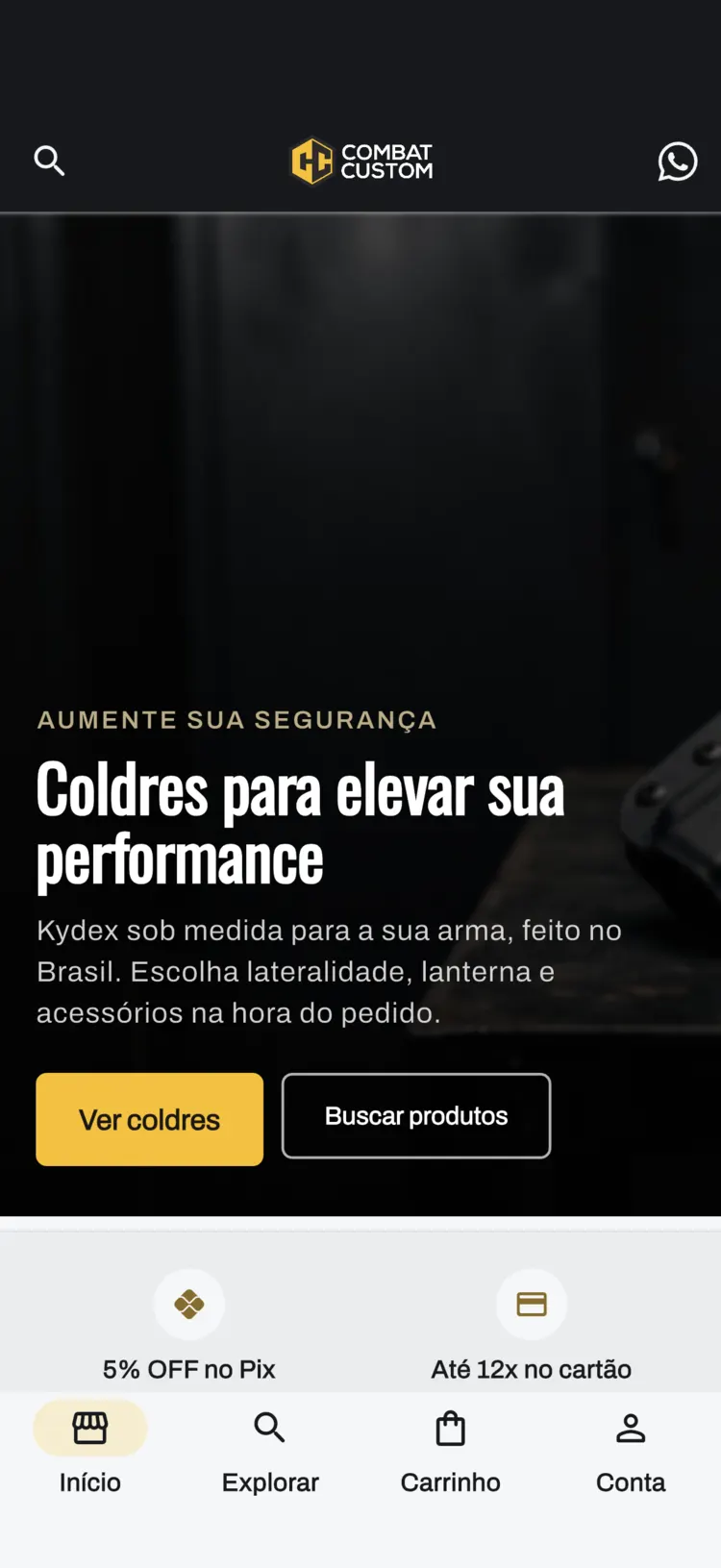Tela inicial do app da Combat Custom.