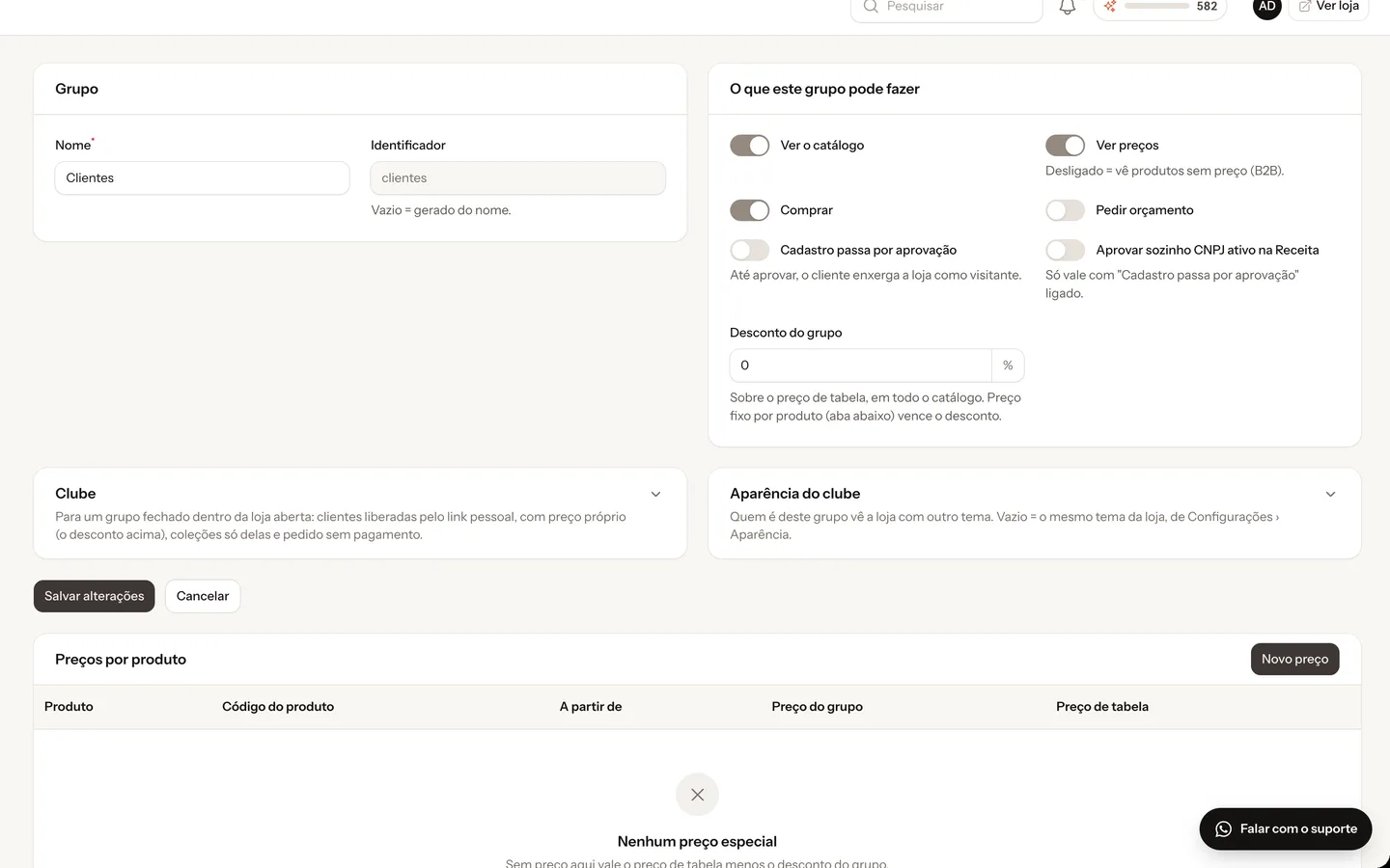 Grupo de clientes no painel, com pedir orçamento, aprovação por CNPJ, desconto do grupo e preço por produto.