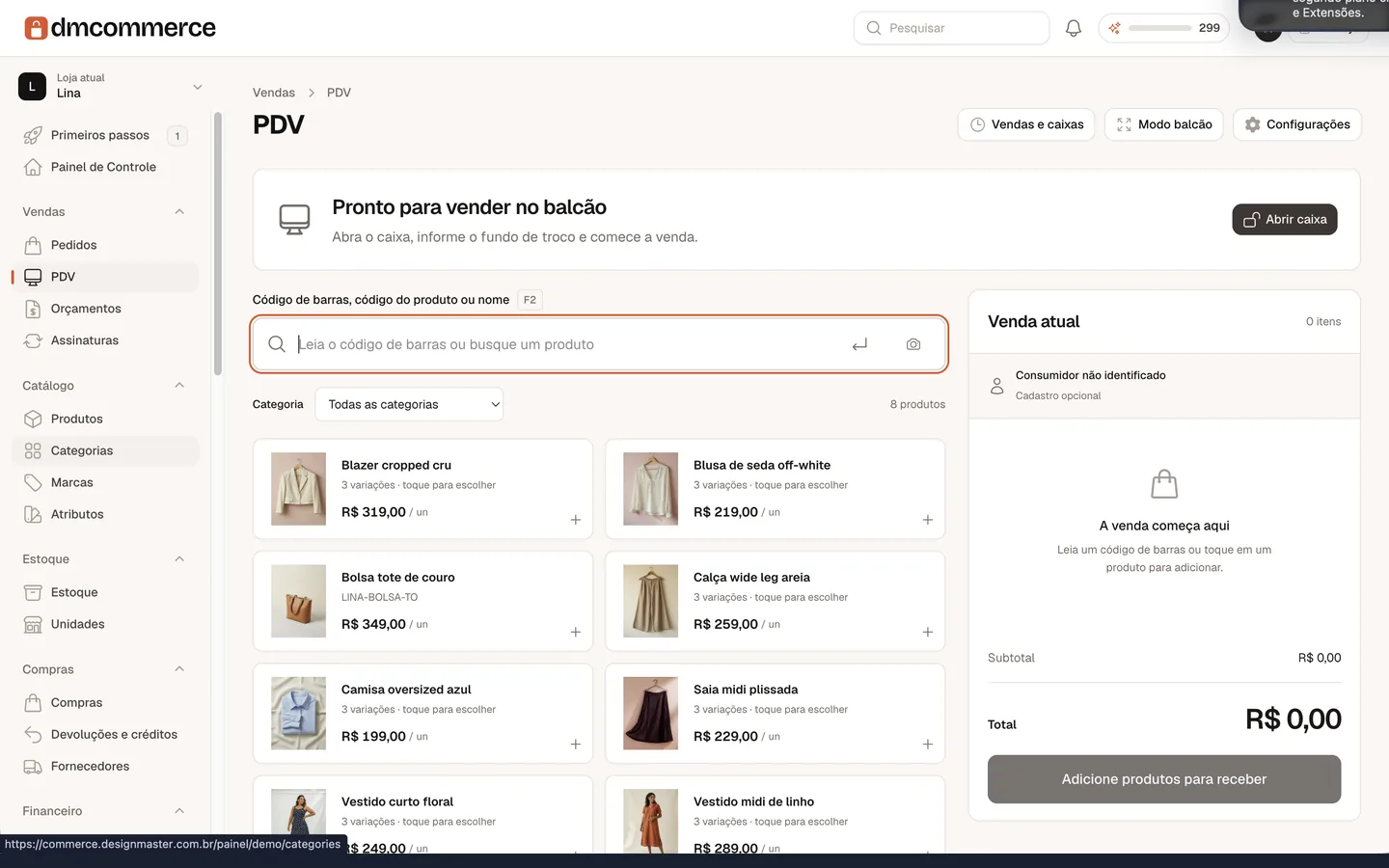 PDV do painel, com busca por código, grade de produtos e venda atual.